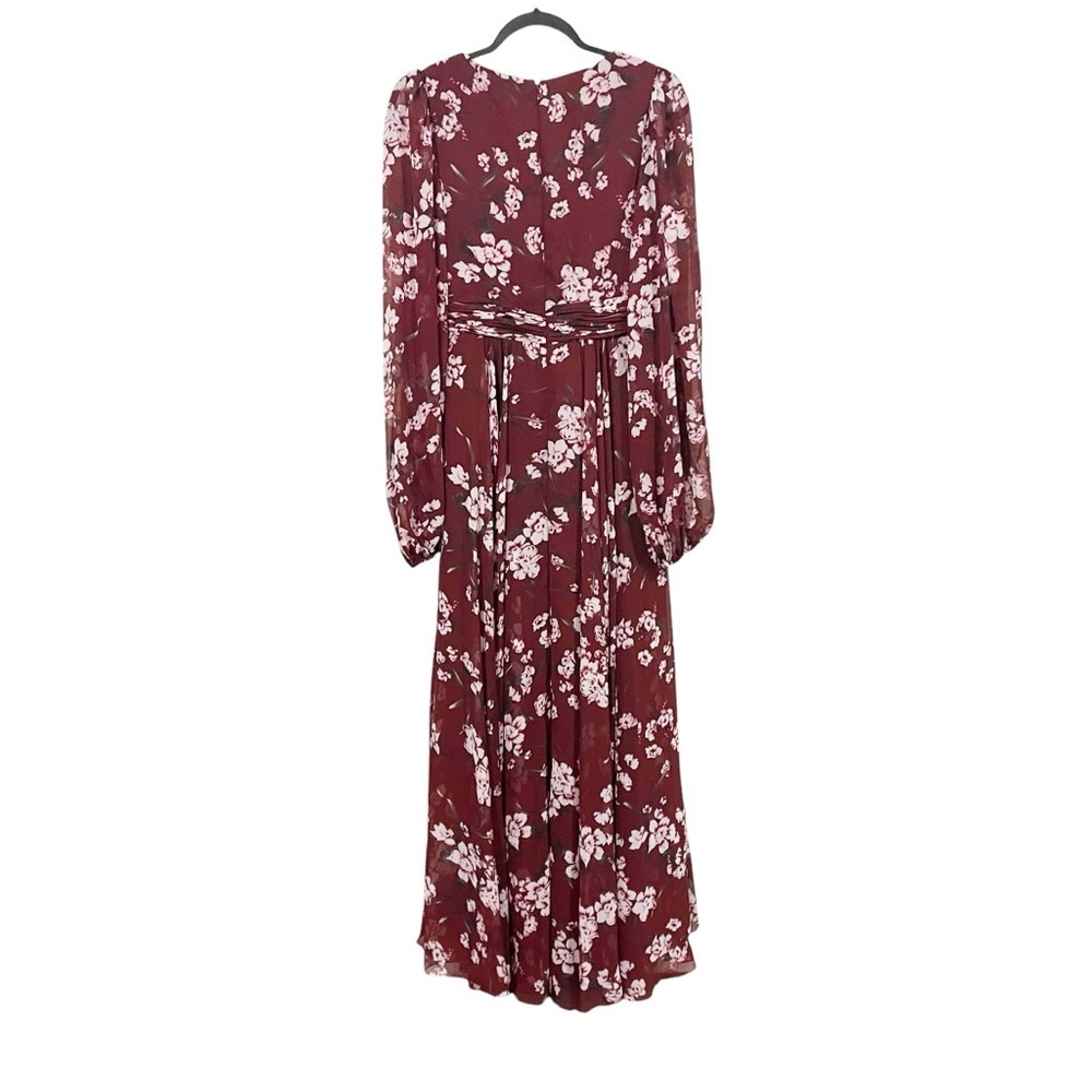 MacDuggal Floral Chiffon Formal Maxi Gown Dress 2 XS Dark Red Long Sleeve - Picture 6 of 9
